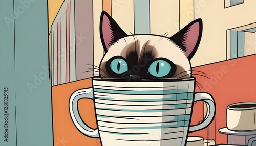 Cat in a blue and white cup illustration