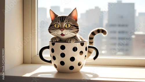 Cat in a black and white cup illustration