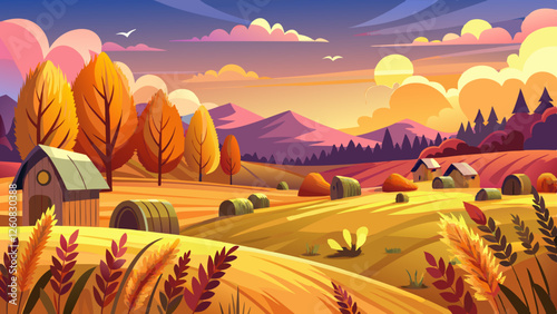 Autumn rural landscape with haystacks cloudy sky and golden wheat harvest during a scenic sunset or sunrise