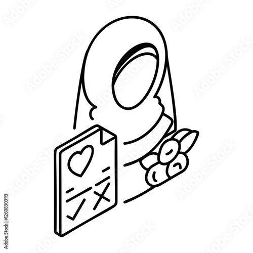 Hijabi Girl and Nikah process isometric outline vector icon, Muslim marriage Symbol, wedding customs Sign, Indian subcontinent matrimony stock illustration, Taking Bridge Consent for Marriage concept