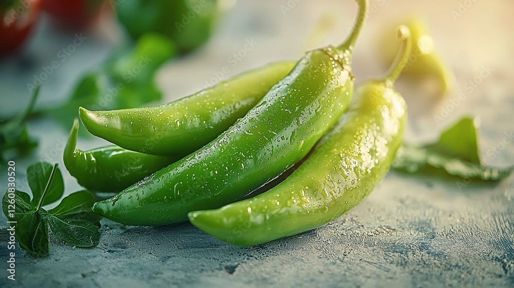 Fresh green chili peppers on table, herbs in background, food photography Fresh green chili peppers on table, herbs in background, food photography