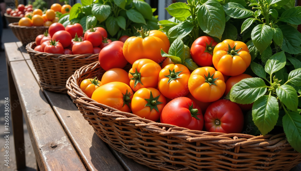 Baskets of ripe tomatoes with basil leaves on wooden table for food blogs, recipe websites, gardening articles, healthy eating guides, and culinary presentations Baskets of ripe tomatoes with basil leaves on wooden table for food blogs, recipe websites, gardening articles, healthy eating guides, and culinary presentations