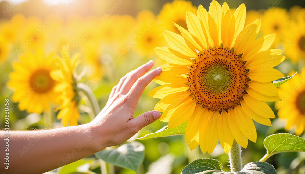 Fototapeta premium Hand reaching out to sunflower in a bright field for blogs, websites, gardening themes, nature awareness, educational materials, and floral designs