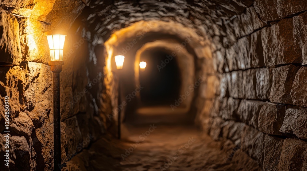 Fototapeta premium Fear of the Dark Concept, Mysterious Ancient Dungeon with Torches Illuminating Cold Stone Walls in Dimly Lit Passageway