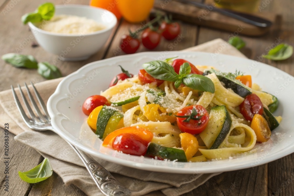Pasta Dish with Fresh Vegetables and Basil in a Rustic Setting Pasta Dish with Fresh Vegetables and Basil in a Rustic Setting