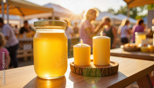 Honey jar with candles glowing at outdoor market for blogs, websites, market promotion, lifestyle articles, wellness guides, candle-loving communities, and event invocations