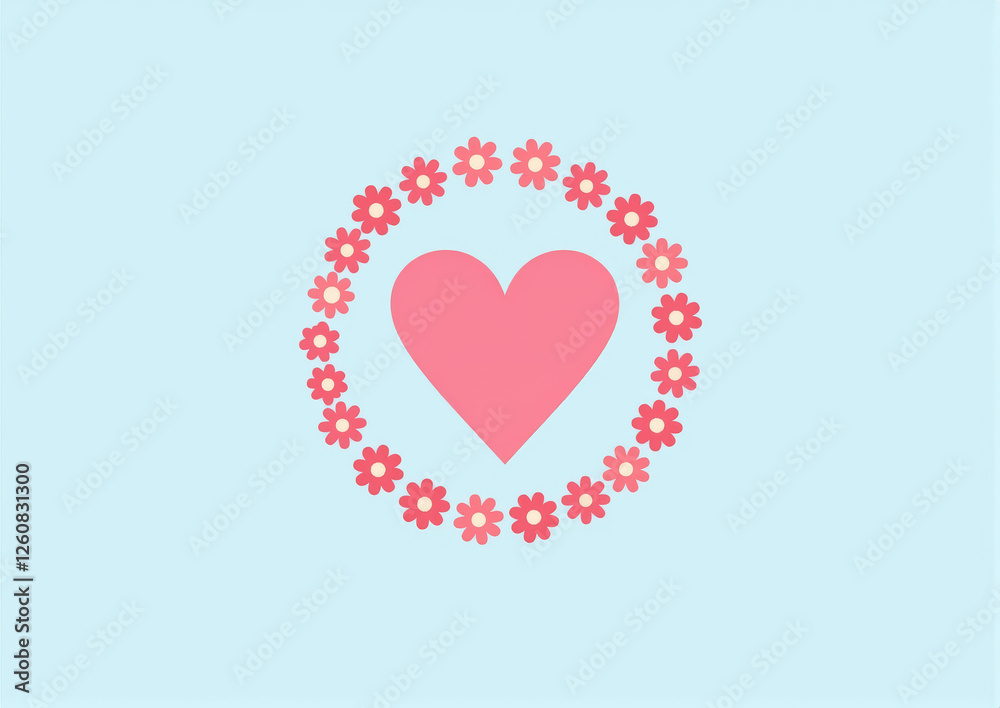 Minimalist pink heart with floral border on sky blue background, health concept Minimalist pink heart with floral border on sky blue background, health concept