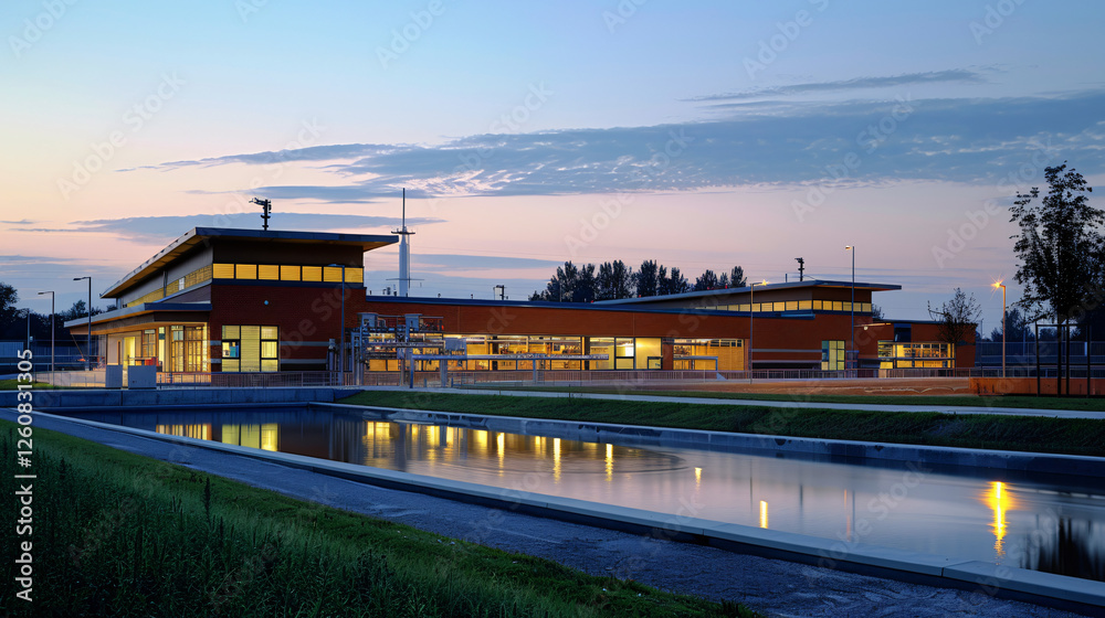 A high-tech wastewater treatment facility at dusk, with glowing control panels and a serene atmosphere, highlighting its crucial yet quiet role in sustainability. A high-tech wastewater treatment facility at dusk, with glowing control panels and a serene atmosphere, highlighting its crucial yet quiet role in sustainability.