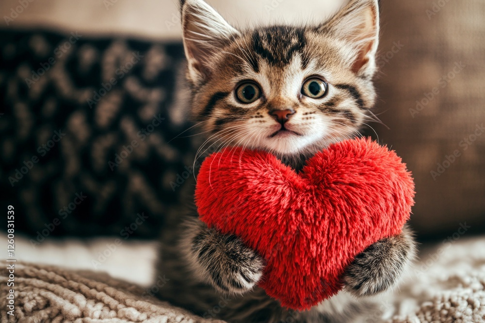Naklejka premium Cute manx young cat with fluffy red heart at cozy apartment. Manx - my beloved cat, symbol of care. Commercial critter idea. Cute cat in love. Kitten love portrait. Romantic kitten.