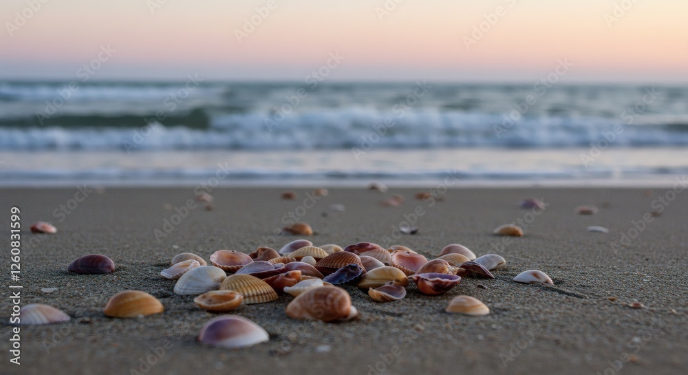 Seashells on the Beach at Sunset: A Peaceful Coastal Scene Seashells on the Beach at Sunset: A Peaceful Coastal Scene