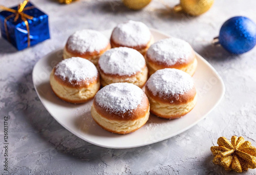 A macro shot of freshly baked sufganiyot (jelly donuts), powdered with sugar, on a white ceramic plate with blue and gold Hanukkah-themed decorations surrounding them. photo