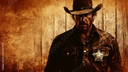 Cowboy gunslinger classic concept. A rugged sheriff stands confidently against a weathered wooden backdrop, embodying the spirit of the Wild West with a cowboy hat and badge.
