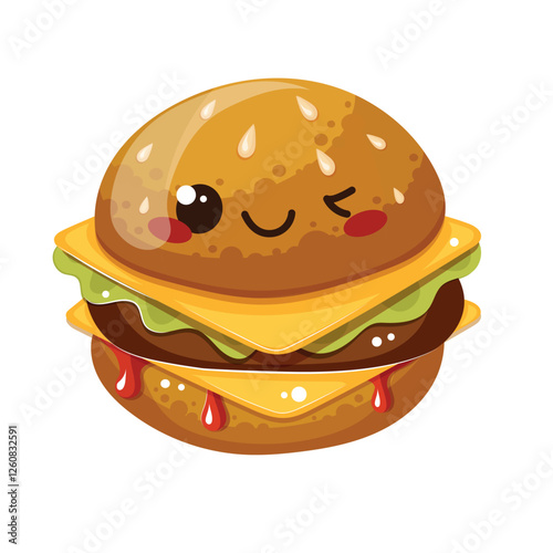 Cheeseburger with meat, lettuce, tomato, onion. Burger with Cheddar. Fast food concept. Isolated vector illustration for Street Cafe, Restaurant menu, flyer, brochure, banner