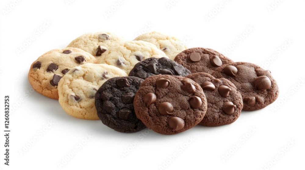 A fresh batch of cookies, including chocolate chip and sugar cookies, displayed against a clean white backdrop with subtle shadows for depth. A fresh batch of cookies, including chocolate chip and sugar cookies, displayed against a clean white backdrop with subtle shadows for depth.