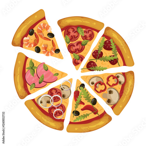 Pizza slices with different ingredients, vegetables, shrimp, tomatoes, pine cone, pepperoni, arugula, chili, mushrooms. Vector illustrations