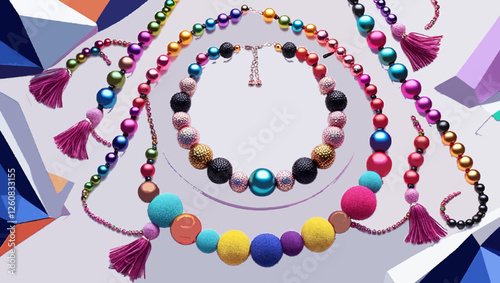 Colorful handmade bead necklaces with tassels arranged on a white surface for a fashion jewelry concept flat lay with space for text
