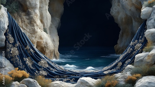Embroidered Fabric Draped Over Coastal Rocks Near Ocean