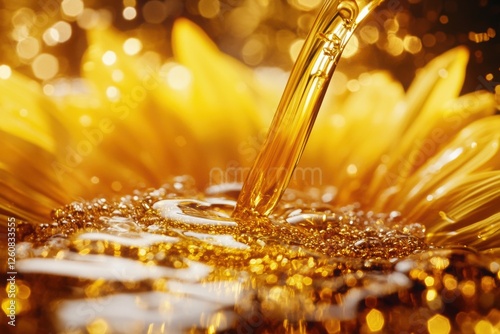 Sunflower petals shimmer as golden oil is poured into a vibrant display of nature's beauty