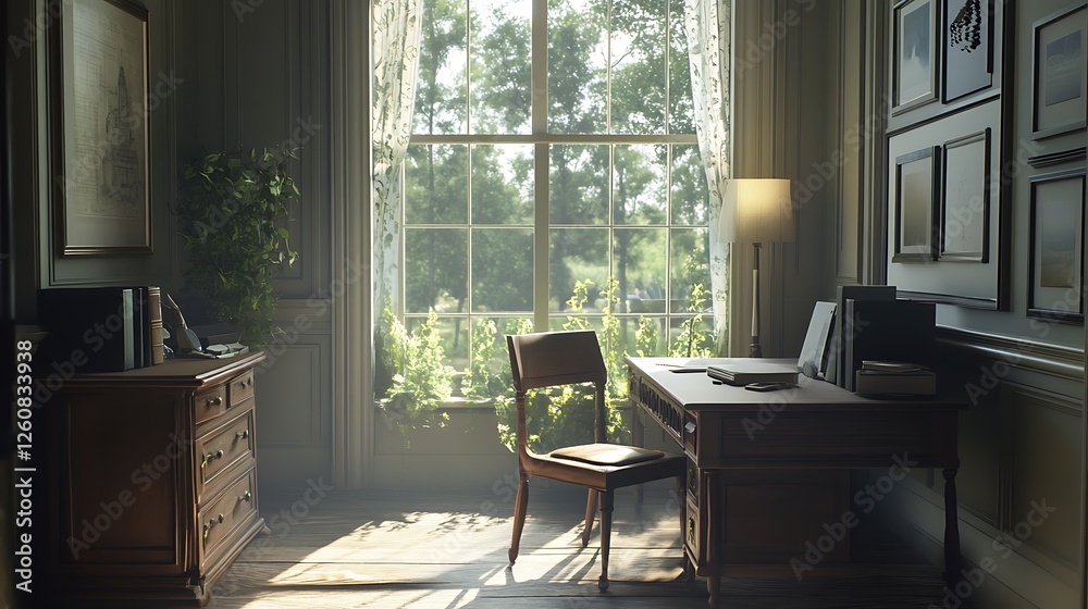 Fototapeta premium simple home office with desk, chair, and large window 