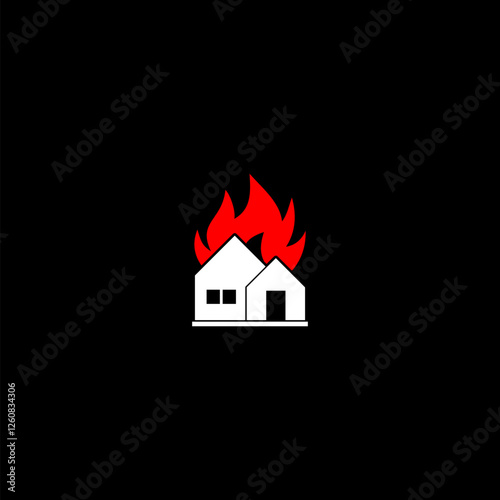 Fire in burning house icon isolated on dark background