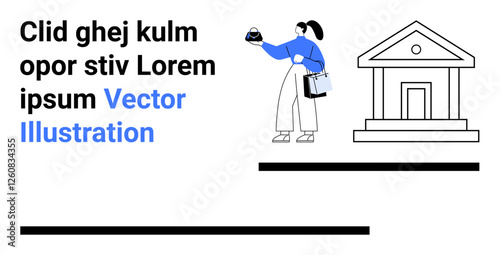 Woman holding a small object with a bag in hand, standing near a bank-thumbs up building. Includes bold text elements. Ideal for finance, transactions, savings, business, commerce, banking flat