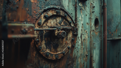 Rusty metal door with a vintage locking mechanism showcases industrial decay and history