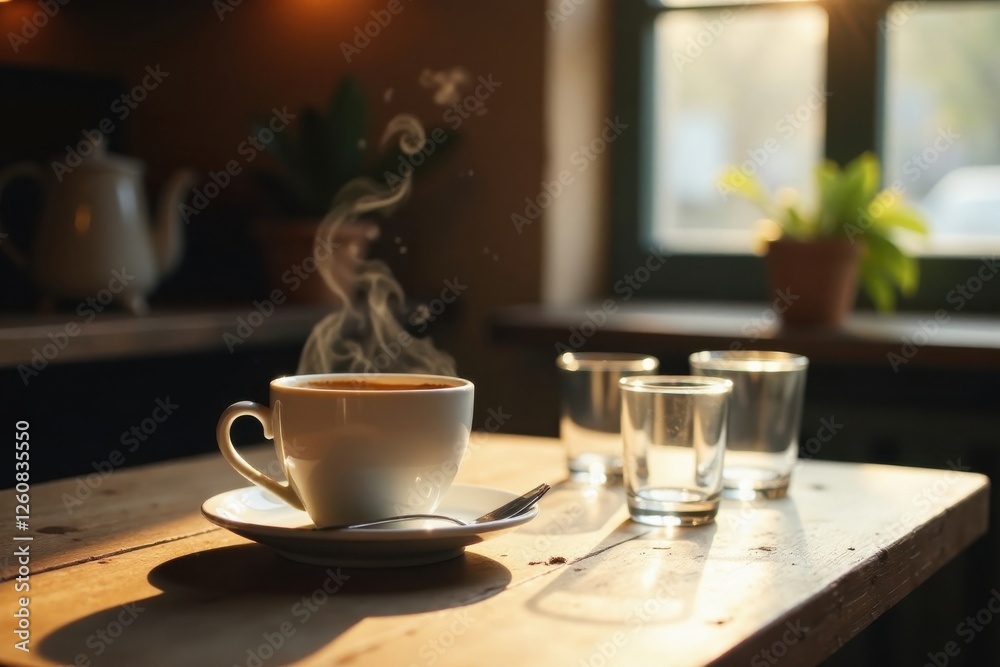 Aromatic Steam Rising from a Cup of Coffee on a Sunlit Wooden Table Aromatic Steam Rising from a Cup of Coffee on a Sunlit Wooden Table
