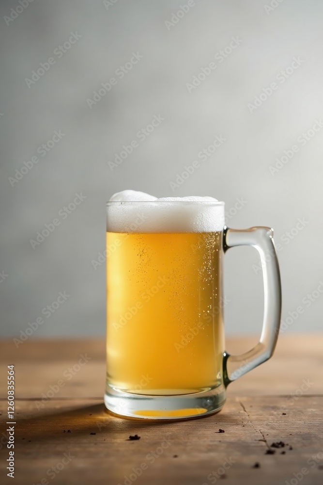 A refreshing glass of golden beer with a thick head, served in a clear mug on a rustic wooden surface A refreshing glass of golden beer with a thick head, served in a clear mug on a rustic wooden surface