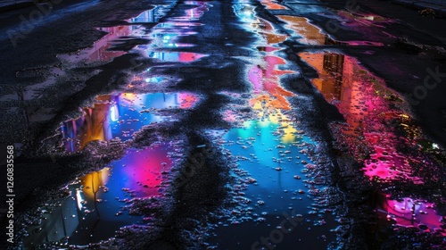 Dark street asphalt colorful lights reflected in oil stained puddles gritty and industrial urban photography concept abstract background