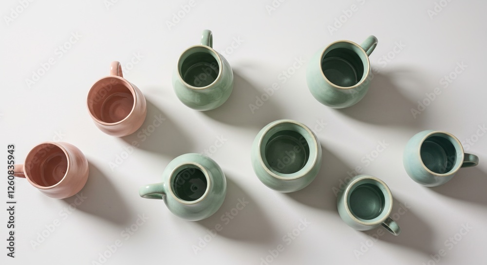 A top-down view of several pastel-colored ceramic mugs, showcasing a light mint green and a blush pink, arranged on a bright white background
