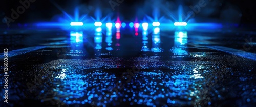 Dark street asphalt reflecting tense blue police lights ideal for crime themes dramatic abstract dark background on wet ground.
