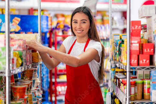 Latina woman, grocery store worker, performs different tasks inside the store. Portrait of beautiful Latina woman looking at camera.