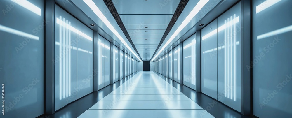 Sleek modern corridor illuminated by ambient white light showcasing advanced technology Sleek modern corridor illuminated by ambient white light showcasing advanced technology