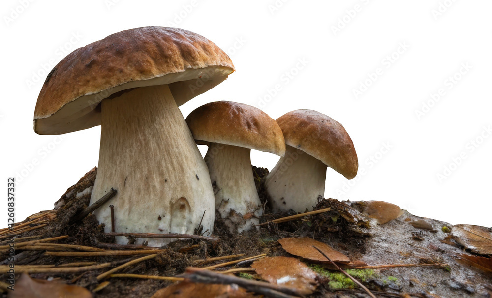 Three Gourmet Mushrooms Growing on Forest Floor Surrounded by Pine Needles and Leaves with Clipping Path Three Gourmet Mushrooms Growing on Forest Floor Surrounded by Pine Needles and Leaves with Clipping Path