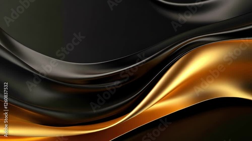 Immerse in the elegance of abstract art with dynamic, flowing lines on a black background. Metallic gold and shiny black elements interweave, creating depth and fluidity resembling waves or ribbons.