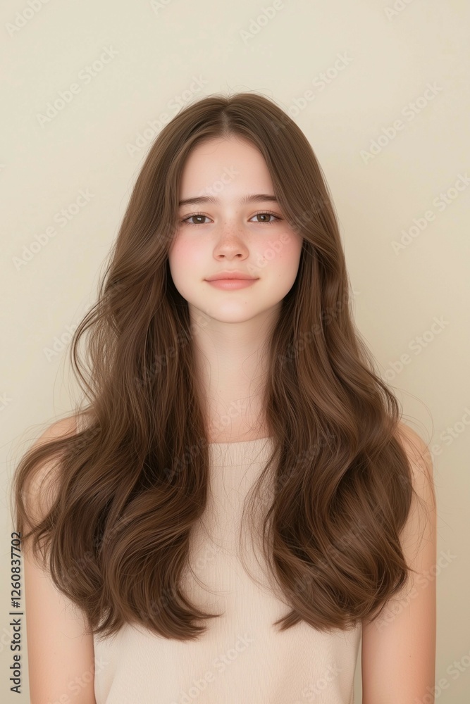Naklejka premium Portrait of a Woman with Natural Waves and a Soft Expression