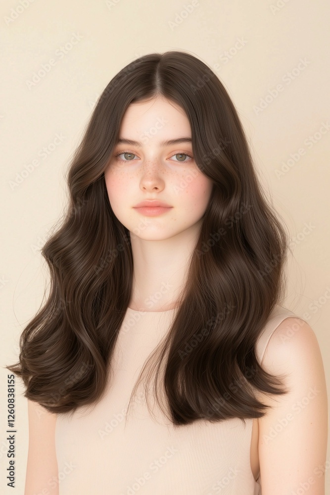 Portrait of a Woman with Natural Waves and a Soft Expression Portrait of a Woman with Natural Waves and a Soft Expression
