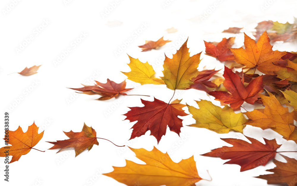 Fototapeta premium A cluster of autumn leaves gently falling, isolated on a empty plain background