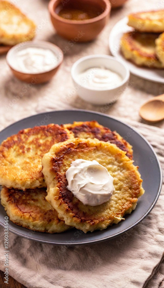 A point-of-view shot looking down at a plate of latkes with a dollop of sour cream, set on a beautifully set Hanukkah table with candles flickering. A point-of-view shot looking down at a plate of latkes with a dollop of sour cream, set on a beautifully set Hanukkah table with candles flickering.