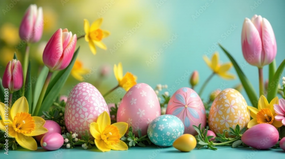 Fototapeta premium Pastel Easter Eggs and Spring Blossoms, a Delightful Festive Arrangement of Decorated Eggs Nestled Among Vibrant Tulips and Daffodils