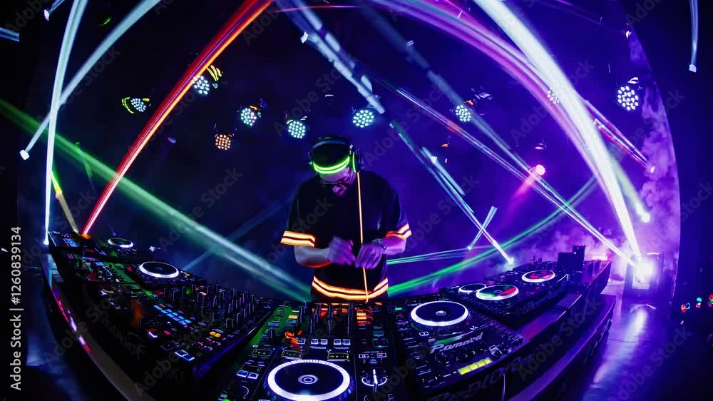 A DJ performs in a vibrant club with neon lights and lasers. Shot from a low angle, the video captures the energetic atmosphere and colorful visuals.