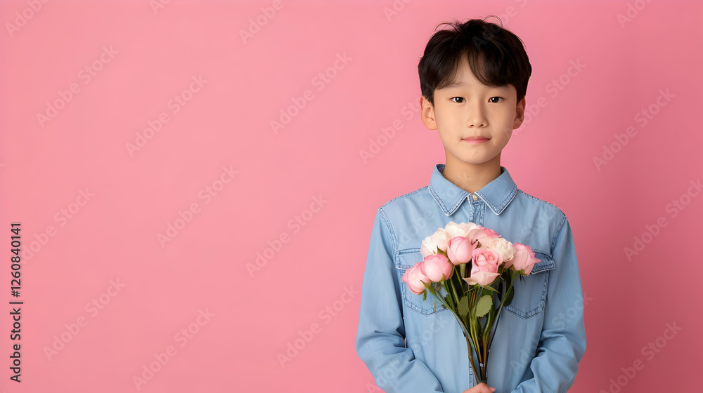 Child holding pink roses in studio setting portrait photography soft background cheerful mood Child holding pink roses in studio setting portrait photography soft background cheerful mood