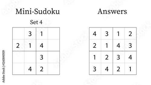 Mini Sudoku Puzzle 4x4 Set 4 for Kids Very Easy with Answers, Fun Brain Training Math Game for Kids, Vector