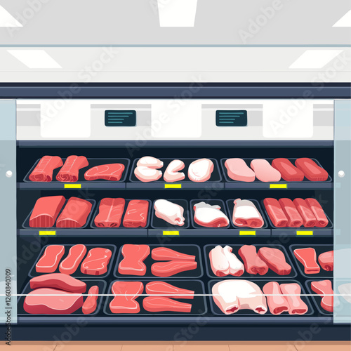 A well-stocked meat display case in a supermarket