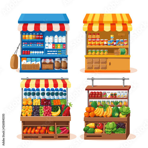 A colorful illustration of four market stalls with various goods.
