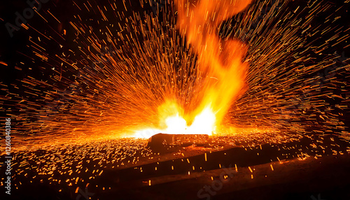 Dynamic image of intense sparks and flames erupting during metalworking.  Perfect for illustrating industrial processes, energy, power, or abstract concepts.