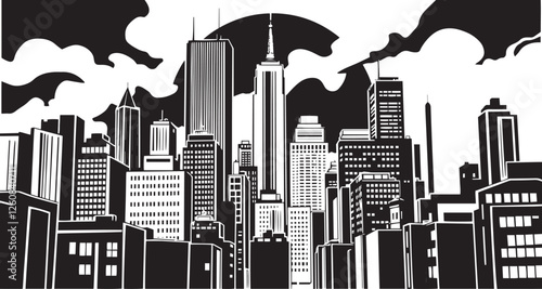 City landscape. Line urban backdrop. Different buildings on street, outline cityscape hand sketch, flat houses. Hand drawn vector illustration