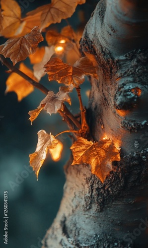 Glimmering autumn foliage clinging gently to the rugged bark of an aging tree trunk scene