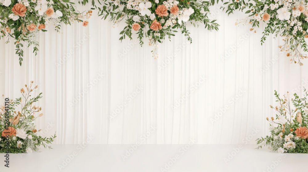 Fototapeta premium Elegant floral backdrop featuring greenery and soft pink roses against a light fabric, ideal for weddings and events.