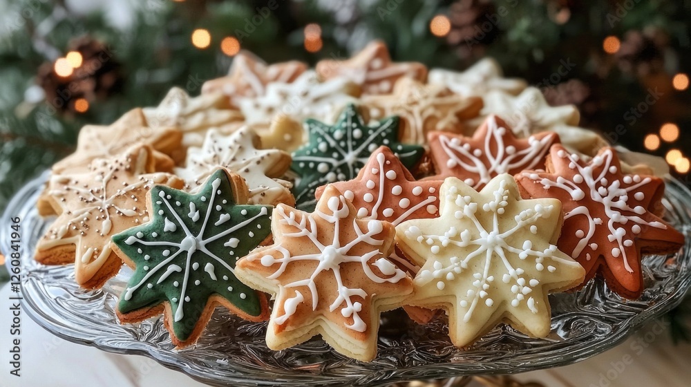 A silver platter showcases beautifully decorated snowflake and star cookies, nestled among lush greenery, creating a festive atmosphere for seasonal celebrations A silver platter showcases beautifully decorated snowflake and star cookies, nestled among lush greenery, creating a festive atmosphere for seasonal celebrations